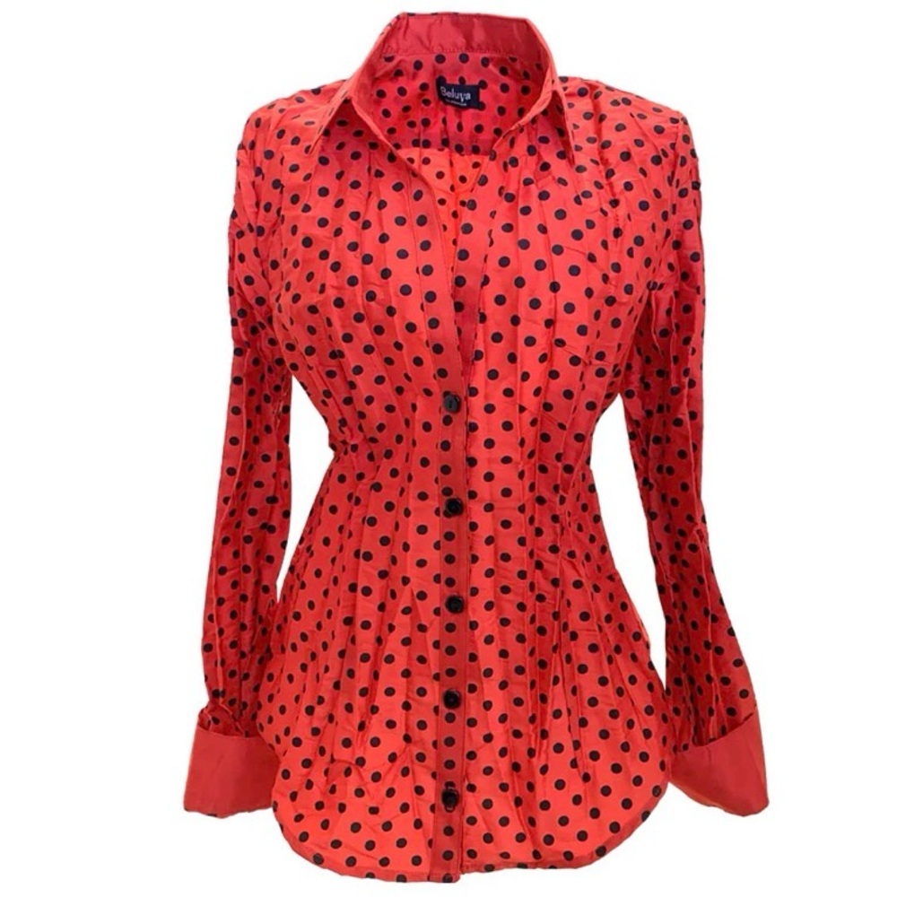 Beluva Red and Black Polka Dot Button Down Shirt. Turn back cuffs. Size M. NWT.